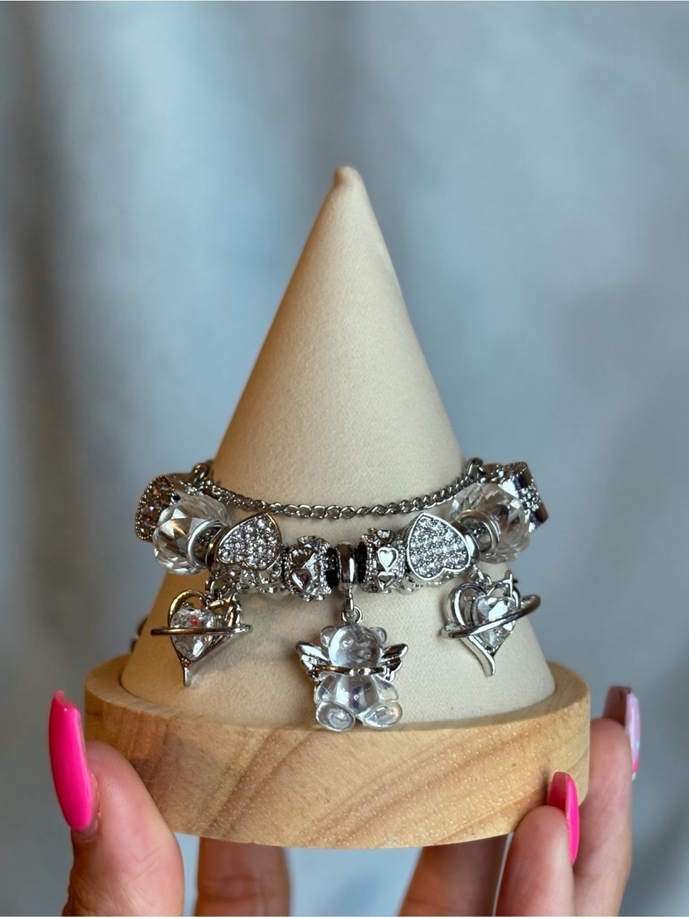 Silver Teddy & Heart Charm Bracelet